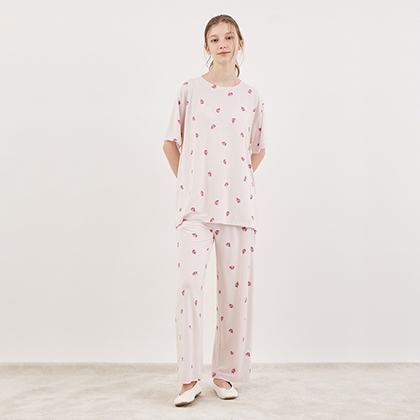 ベア・ストロベリー柄Tシャツ＆ロングパンツSET ピンク(ストロベリー)