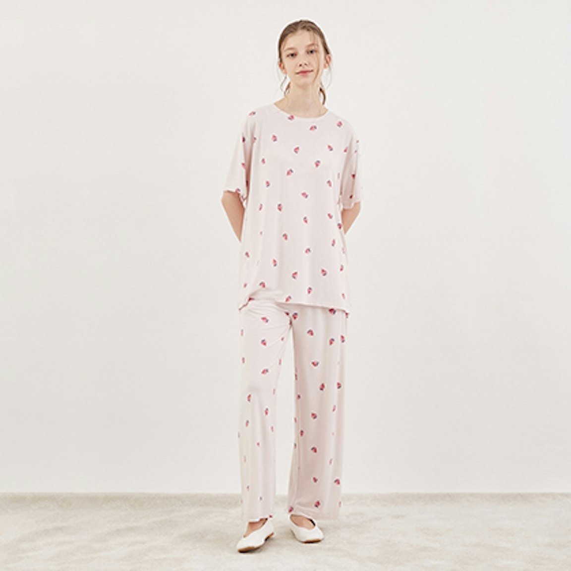 ベア・ストロベリー柄Tシャツ&ロングパンツSET ピンク(ストロベリー)